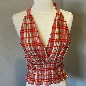 Pilcro Red and Pink Plaid Halter Smocked Waist Camisole